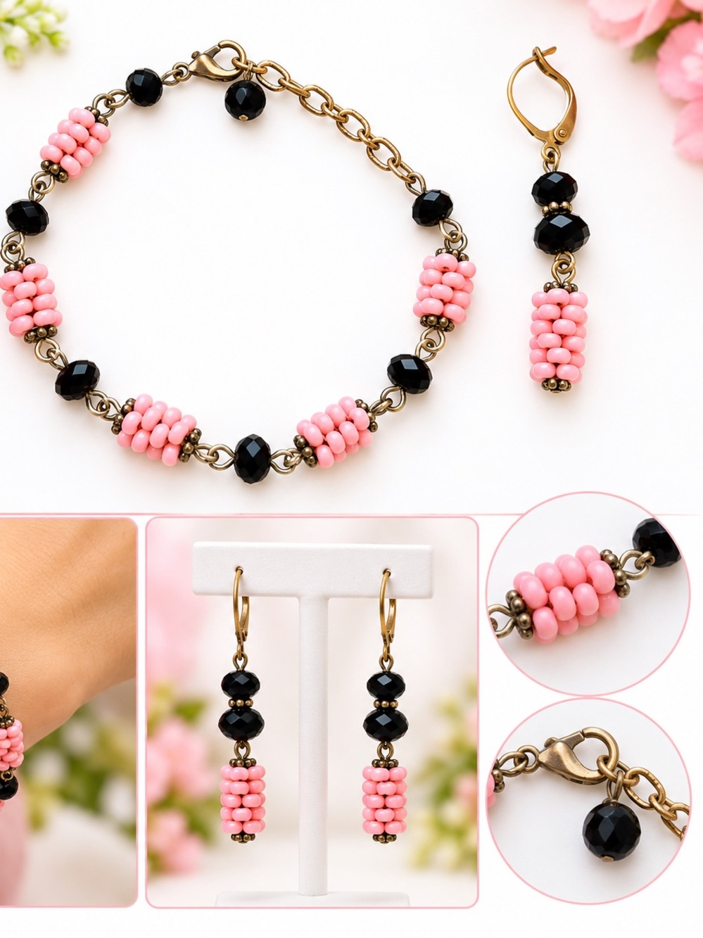 Handmade Pink & Black Beaded Bracelet and Earring Set